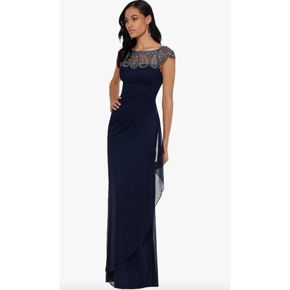 Xscape Navy Beaded Lace Cap Sleeve Formal Gown Floor Length Dress 18W - Picture 1 of 10